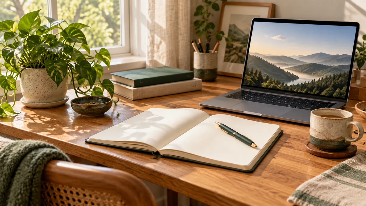 An open notebook and laptop on a sunlit study desk